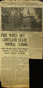 Title: Normal School Fire, Creator: unknown Syracuse Journal?, Date: February 28th, 1919, Source: The SUNY Cortland Archives, Original Format: Newspaper
