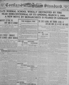 Title: "State Normal School Wholly Destroyed By Fire Near Semi-Cenntenial Of It's Opening, March 3, 1869"; Creator: Cortland Standard; Date: Feb. 27, 1919; Source: SUNY Cortland College Archives; Original Format: Newspaper