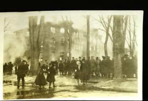 Groups watching Cortland Normal School burn; photographer unknown; 1919; SUNY Cortland Library Archive; photo